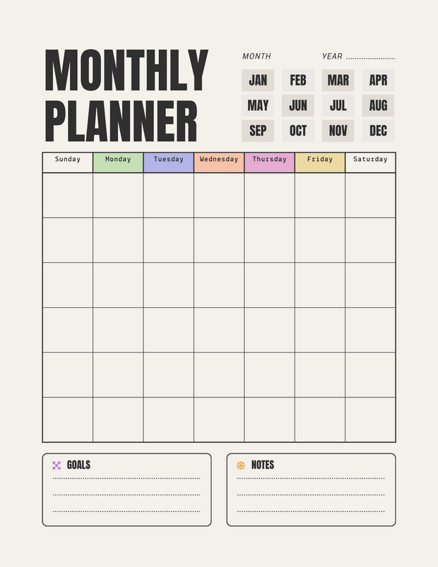 Beige and Black Simple Minimalist Monthly Planner