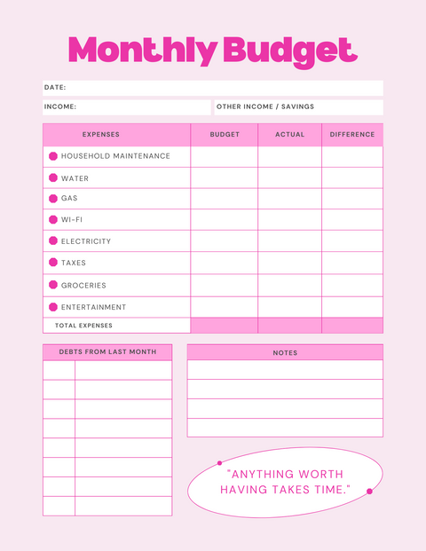 Pink Modern Minimal Monthly Budget Planner