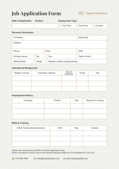 Professional Job Application Form Document A4