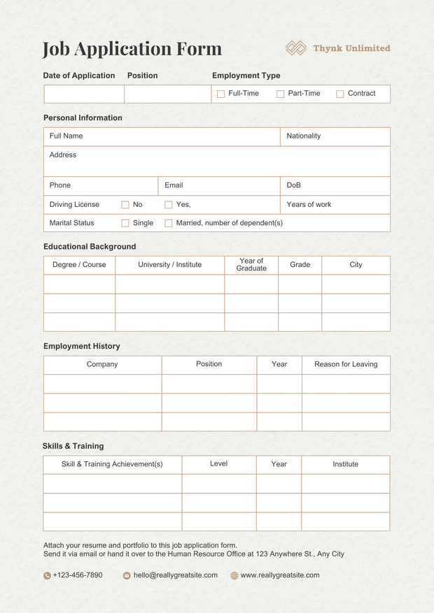 Professional Job Application Form Document A4