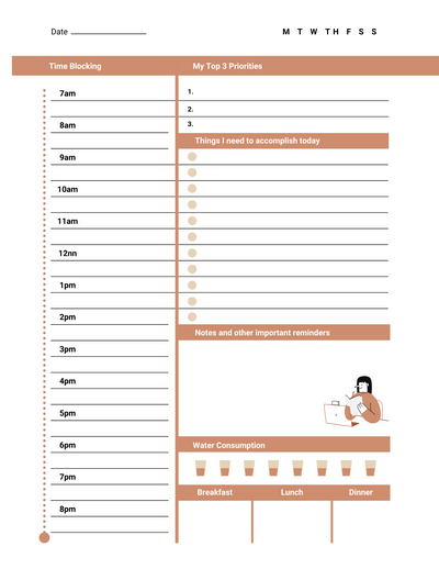 White Brown Daily Time Blocking Schedule Planner