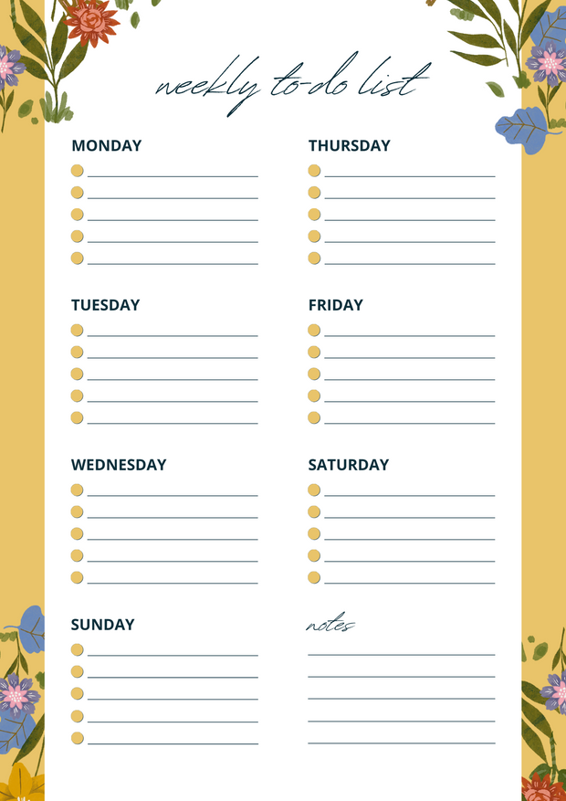 Yellow and White Organic Floral Minimalist Weekly To-Do List Planner